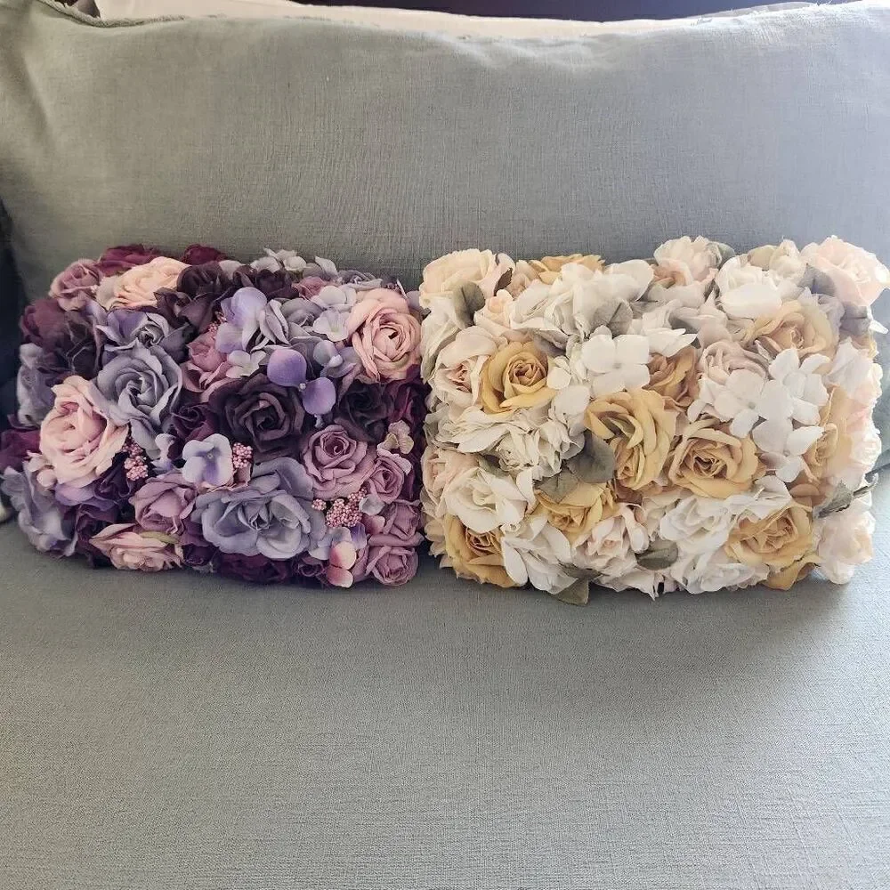 Decorative rose floral bouquet pillow bundle of 2 purple yellow